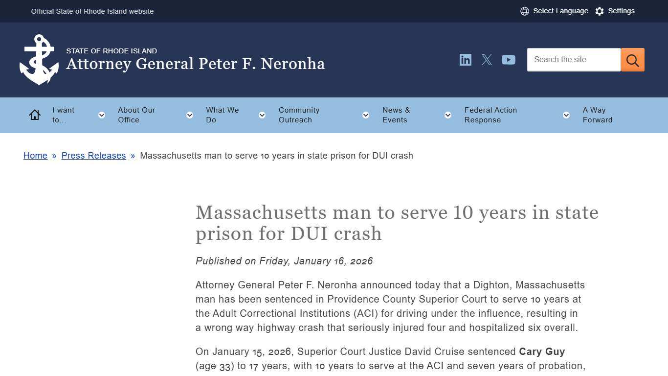 Massachusetts man to serve 10 years in state prison for DUI crash Rhode Island Attorney General's Office