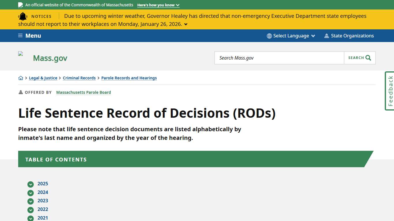 Life Sentence Record of Decisions (RODs) Mass.gov
